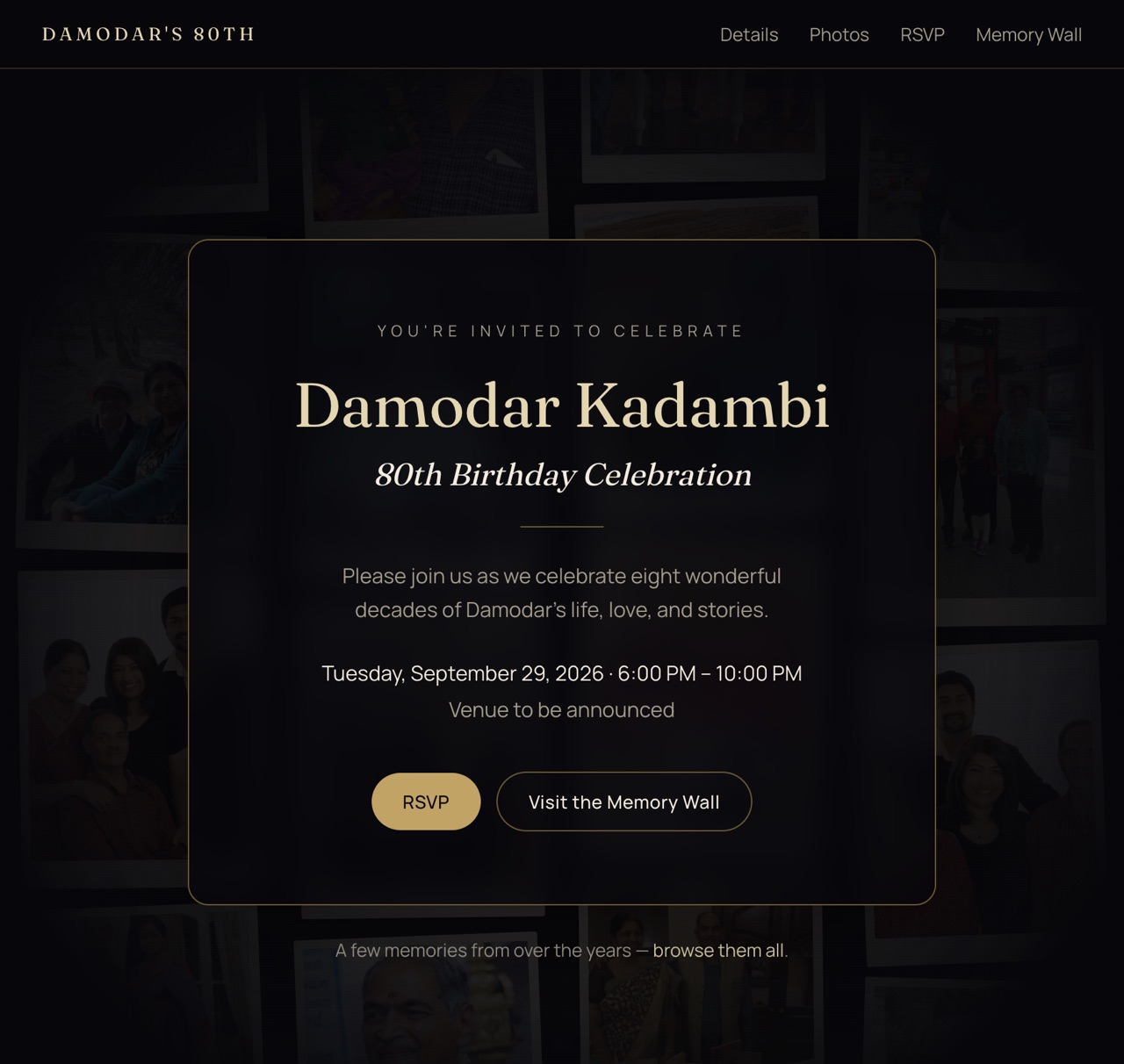 Damodar's 80th birthday invitation homepage with a polaroid photo wall and centered invitation card