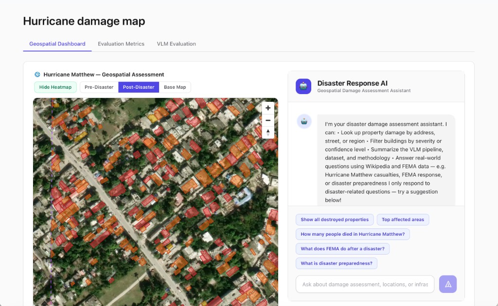 Hurricane Matthew geospatial assessment dashboard with AI chatbot