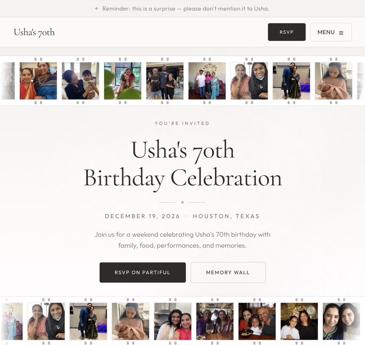 Usha's 70th birthday invitation homepage with photo filmstrips and centered invitation text